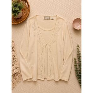 Sarah Bentley Embroidered Cardigan Sweater Set XL Ivory Floral Beaded Twinset
